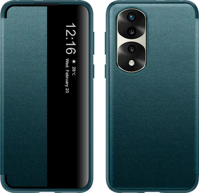 Image de Étui pour Honor 70 Pro étui fin à rabat en cuirPolyuréthaneavec fenêtre d'affichage vert