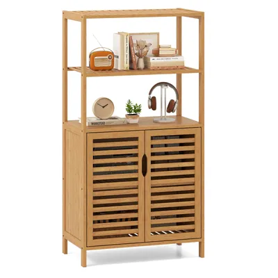 Immagine prodotto di COSTWAY Libreria in bambù con ante, scaffale a 4 livelli con ripiani aperti e mobile con ante a doghe Mobile portaoggetti 60 x 33 x 116 cm