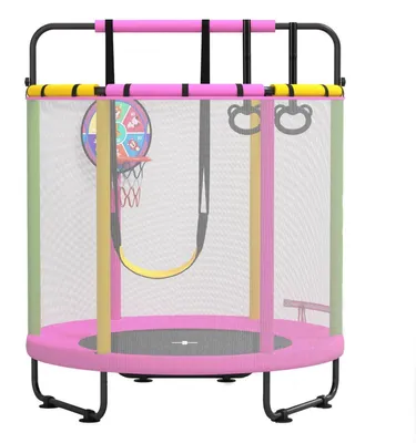 Produktbild von Kindertrampolin Indoor & Outdoor mit Turnstange, Schaukel und Basketballkorb, Rosa