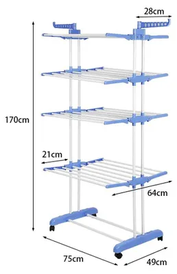 Obrázok produktu pre Sušiak na bielizeň s kolieskami – 4-poschodový sušiak – skladací – nerezová oceľ – do interiéru/exteriéru – na balkón – modro-biely