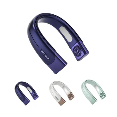 Obrázok produktu pre Prenosný mini ventilátor na krk (modrý), 4000 mAh, dobíjateľný, 5 rýchlostí, digitálny displej, bezlopatkový športový ventilátor na krk, USB ventilátor na krk na cestovanie, šport, do interiéru aj exteriéru