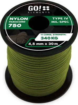 Produktbild von GO!elements 30m Paracord Seil aus reißfester Nylonschnur - 4,5mm Paracord 750 Typ IV Schnur - geeignet als Allzweckseil & Reepschnur - Max. 340kg, Farbe: Oliv