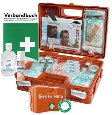 Produktbild von Erste-Hilfe-Koffer M1 INKL. Sprühpflaster & Hygiene-Gel nach DIN/EN 13157 für Betriebe inkl. Verbandbuch