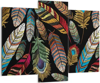 Produktbild von Bild auf Leinwand - Leinwandbild - 3 Teile - Federn Bunt Stickerei - 130x100cm - Wand Bild - Wanddeko - Wandbilder - Leinwanddruck - Bilder - Wanddekoration - Leinwand bilder - CB130x100-4464