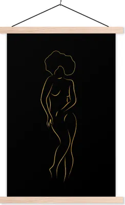 Produktbild von MuchoWow® Textilposter Frau - Gold - Schwarz - Strichzeichnung 40x60 cm mit holzfarbenen Rahmen - Poster