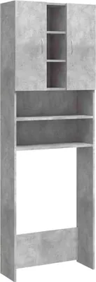 A tall, narrow, concrete-gray cabinet with two doors at the top and open shelves below.