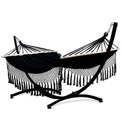 Produktbild von Potenza Outdoor Hängematte mit Gestell für 2 Personen I Stabhängematte XXL 220x160, 200kg I Schwarz Hängemattengestell 220kg Wetterfest