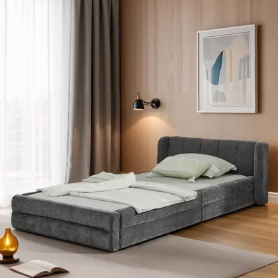 Obrázek produktu pro Jednolůžko 90x200 cm, žinylková tkanina šetrná k pokožce, pohodlné opěradlo, vhodné i jako dětská postel, tmavě šedá (bez matrace)