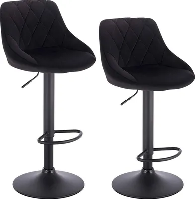 Obrázek produktu pro Designová barová židle Nilo - S opěradlem - Sametová - Ergonomická - Černá - Výškově nastavitelná - Sada 2 kusů - Do kuchyně a baru - Výška sedu 60-82 cm