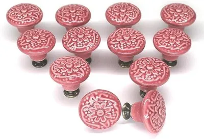 Productafbeelding van 12 vintage keramische kastknoppen, rond, 34 mm, geschikt voor commodes, kasten en deuren – inclusief schroeven