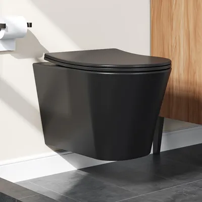 Produktbild von HOROW Mattschwarz Hänge WC Wand Toiletten mit Absenkautomatik Toilettendeckel Einloch-Superspin-Spülung Keramik Kloschüssel mit Nano Beschichtung