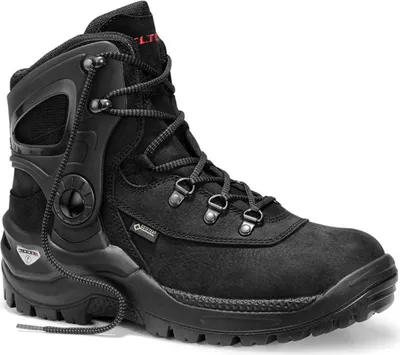 A black high-top work boot with laces and a black sole, shown against a white background.