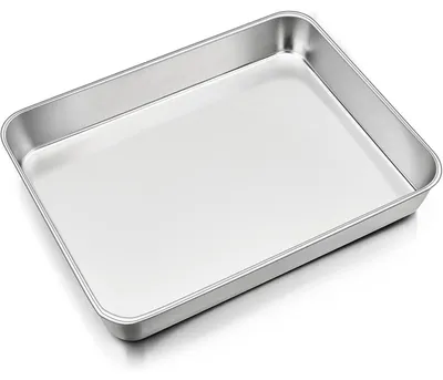 Productafbeelding van Rechthoekige bakplaat van roestvrij staal, zilverkleurig, afmetingen 31,6 x 24,6 x 5 cm