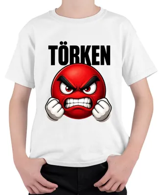 Produktbild von TÖRKEN wütender Emoji rot geballte Fäuste Comic Uni Kinder T-Shirt roter Smiley Comic, Weiß, 116
