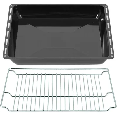 Produktbild von ICQN Backbleche & -Gitter mm Set 465 x 370 x 60 mm, Emailliert Fettpfanne, Verchromt Backofenrost und Emaille Backblech für Backofen & Herd, Gitterrost 465 x 360 mm
