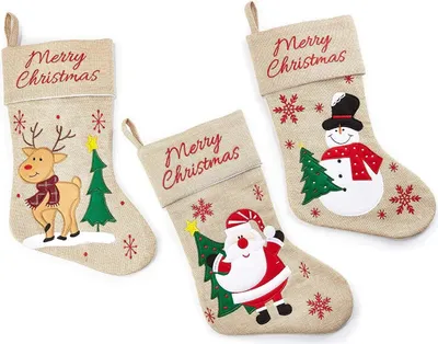 Image de Set de 3 chaussettes de Noël - bonhomme de neige, bonhomme de neige et renne - jute - 41 x 25 x 1 cm