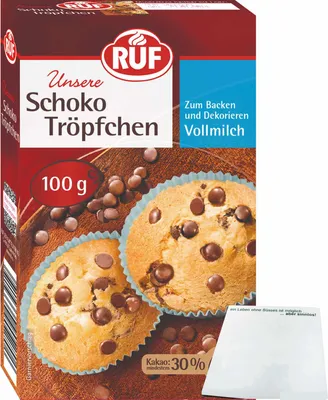 Produktbild von Ruf Schoko Tröpfchen zum Backen und Dekorieren (100g Packung) + usy Block