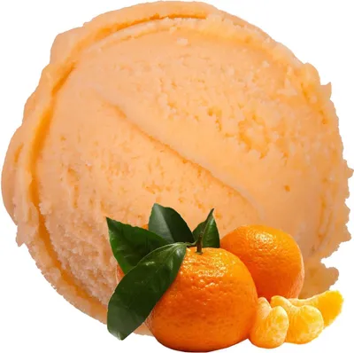 A scoop of orange ice cream is shown with two tangerines and some leaves.