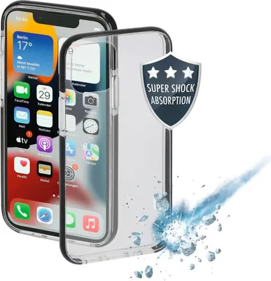 A transparent phone case is shown next to an iPhone, with graphics indicating shock absorption.
