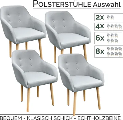 A collage of four light gray upholstered chairs with wooden legs, presented with text options for sets of 2, 4, 6, or 8 chairs.