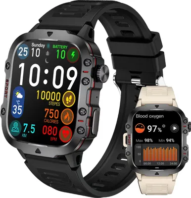 Two smartwatches are shown, one larger and one smaller, against a light gray background. The larger smartwatch displays various fitness metrics like time, steps, calories, and distance. The smaller smartwatch shows blood oxygen levels and a graph.