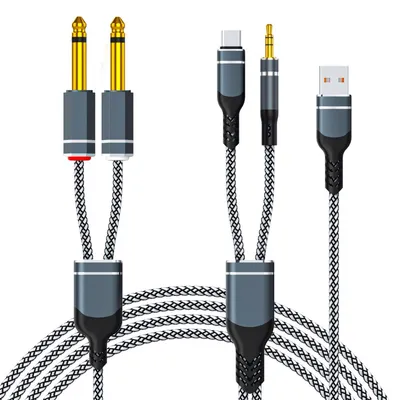 Obrázok produktu pre INF Čierno-biely pletený multifunkčný audio kábel s nabíjaním – USB-C na 3,5 mm a 6,35 mm splitter, zliatinové konektory, HiFi bezstratový, kompatibilné s Xiaomi telefónmi 5 m