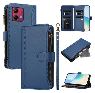 Image de Etui pour Motorola Moto G84, zippé, étui portefeuille en cuirPolyuréthaneavec pochettes pour cartes, support et dragonne bleu