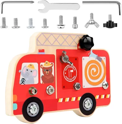 Produktbild von Montessori Holz Schraubbrett, Feuerwehr Spielzeug, 8 Schrauben, 3 Werkzeuge, für Kinder ab 3 Jahren