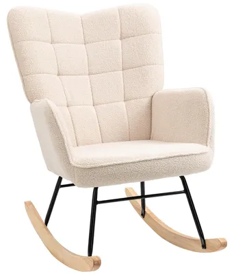 Obrázok produktu pre Hojdacia stolička – Retro relaxačná stolička – Masívna drevená konštrukcia – S podrúčkami a bedrovou opierkou – Béžová
