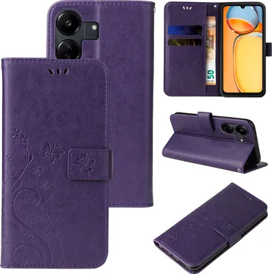 Produktbild von Handyhülle für Xiaomi Redmi 13C Floral Blumen Schmetterling Flip Cover Hülle Case Klapphülle Handytasche Farbe: Violett