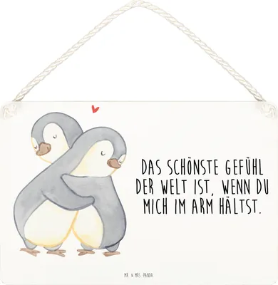 Produktbild von Mr. & Mrs. Panda Schild Pinguine Kuscheln DIN A5 - Weiß - Geschenk, Freundin, für Frauen, wandtafel, Partner, kleine aufmerksamkeit, Türschild, Hochzeitstag, Freund