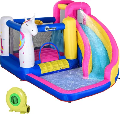 Produktbild von Outsunny nafukovací skákací hrad s foukacím bazénem pro 3 děti nafukovací skákací hrad pro 3-8 let venkovní vodní park pro děti Oxford, polyesterová tkanina