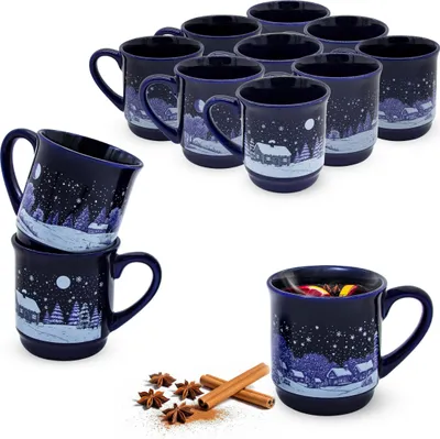 Produktbild von Feinkeramik Glühweintassen mit 3 winterlichen Motiven - 12er Set - Weihnachtsbecher aus Porzellan 200 ml mit Henkel