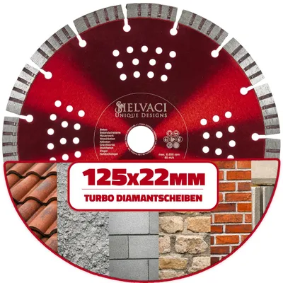 Produktbild von SHELVACI UNIQUE DESIGNS® - Profi Turbo Diamantscheibe ⌀ 125mm & Bohrung 22,23mm für Beton, Mauerwerk & Stein - Diamant-Trennscheibe für Trennschleifer