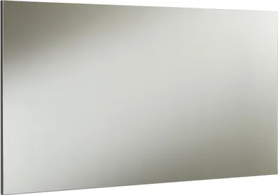A rectangular mirror with a silvered surface, reflecting a light gray background. The mirror has a thin dark frame on the left side.