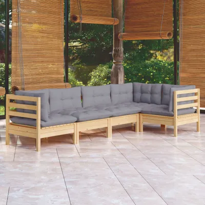 Produktbild von Cloris Designermöbel 5-tlg. Garten-Lounge-Set mit Grauen Kissen Kiefernholz 2024 Neu