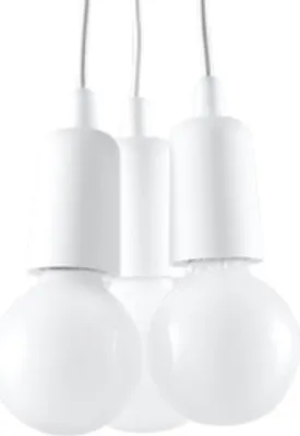Three white pendant light bulbs hanging against a white background.