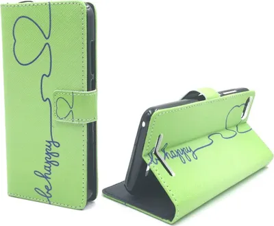 A green flip-style phone case with a blue line drawing of a heart and the words 'be happy' is shown from two angles against a white background.