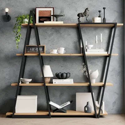 Produktbild von Merax Geometrisches Bücherregal, Standregal Hochregal mit Metallrahmen, Offenes Regal für Wohnzimmer, Küche, Arbeitszimmer, Schwarz+Natur