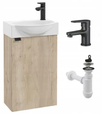 Zdjęcie produktu dla Szafka Łazienkowa z Umywalką 40 x 22 Wisząca Dąb Jasny Bateria Czarna Mała