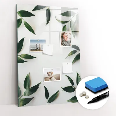 Produktbild von Magnetische Wandtafel - Schwarzer Marker + Schwamm + Magnete - 60 x 90 cm - Grüner Blattrahmen