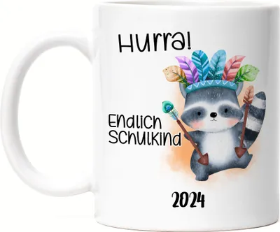 Produktbild von Endlich Schulkind 2024 Waschbär Tasse Weiß Einschulung 2024 Enkel Enkelin Schulanfang Schuleinführung