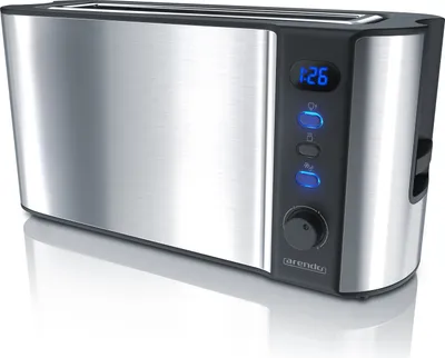 A studio shot of a silver and black toaster with a digital display and control buttons.