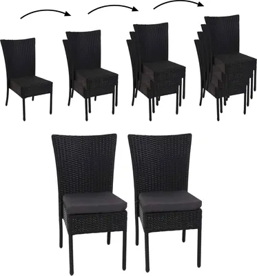 Chairs stacked to show storage, and two chairs shown assembled.
