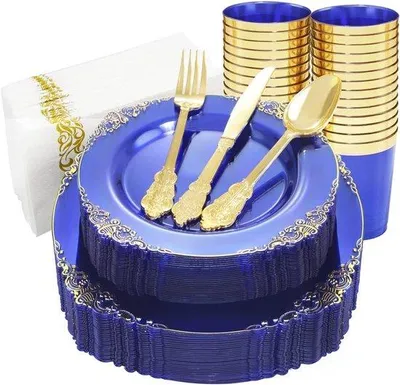 Image de Set de vaisselle en plastique résistant à la déchirure, bleu et doré, pour les fêtes - 175 pièces