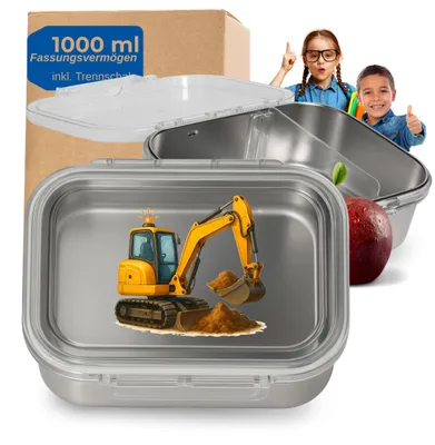 Produktbild von Edelstahl Brotdose Kinder 1000 ml - Brotbox 'Storage' mit Trennwand und Motiv perfekt für Schule und Kindergarten - Motiv Bagger