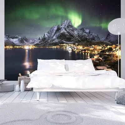 Produktbild von Fototapete selbstklebend Gebirge 294x210 cm Tapete Wandtapete Wandbilder Klebefolie Dekofolie Tapetenfolie Wand Dekoration Wohnzimmer - Landschaft Natur Polarlicht Nacht c-A-0091-a-a