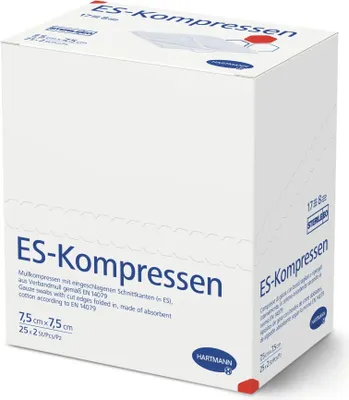 Produktbild von Hartmann ES Mullkompressen steril 7,5 x 7,5 cm, 17 fädig, 8-fach (1 Karton = 45 Pack à 25 x 2 Stück)