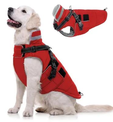 Image de Manteau pour chien avec harnais intégré, imperméable, en polaire, rouge, taille XL