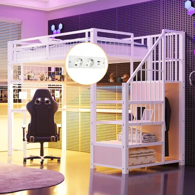 A loft bed with a desk and storage, set in a modern bedroom with purple lighting.